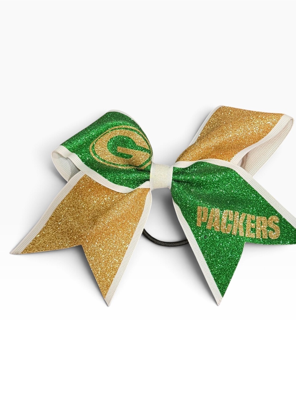 Green Bay Packers Glitter Cheer Bow Hair Tie – Green & Gold – Approx. 8”
